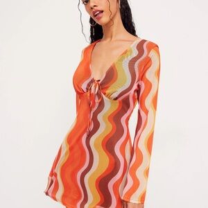 Cider MESH V-NECK ABSTRACT WAVE KNOTTED MINI DRESS sz XS